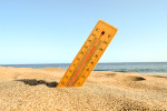 A selective focus shot of a thermometer in the beach sand with a blurred background