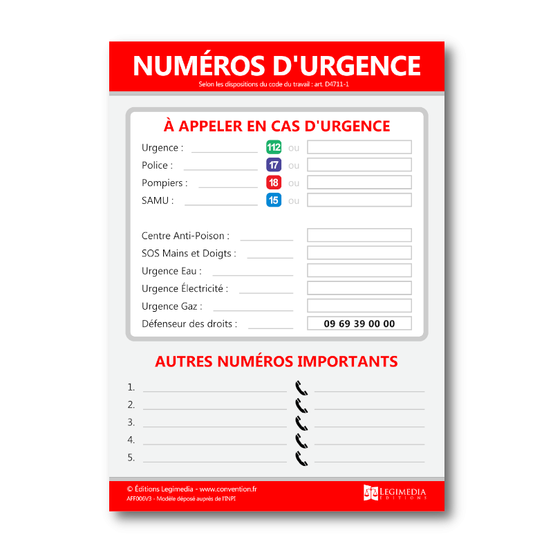Panneau d'affichage des numéros d'urgence