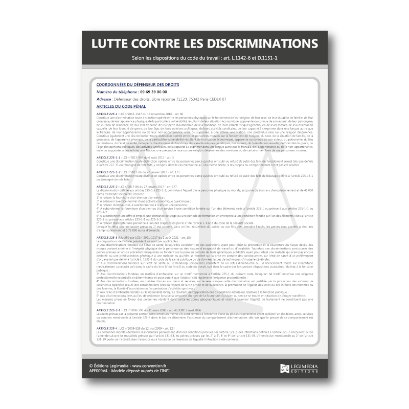 Panneau d'affichage des textes de lutte contre les discriminations