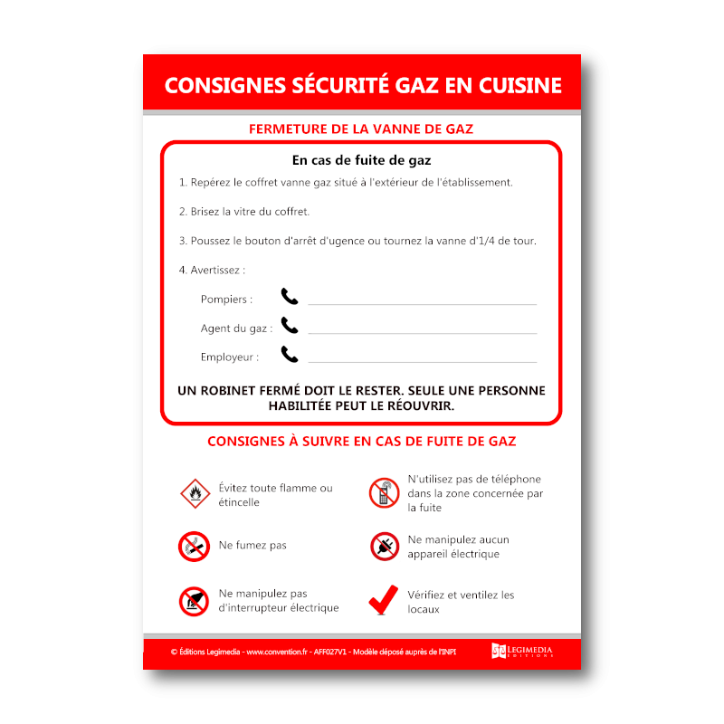 Panneau d'affichage des consignes de sécurité gaz en cuisine