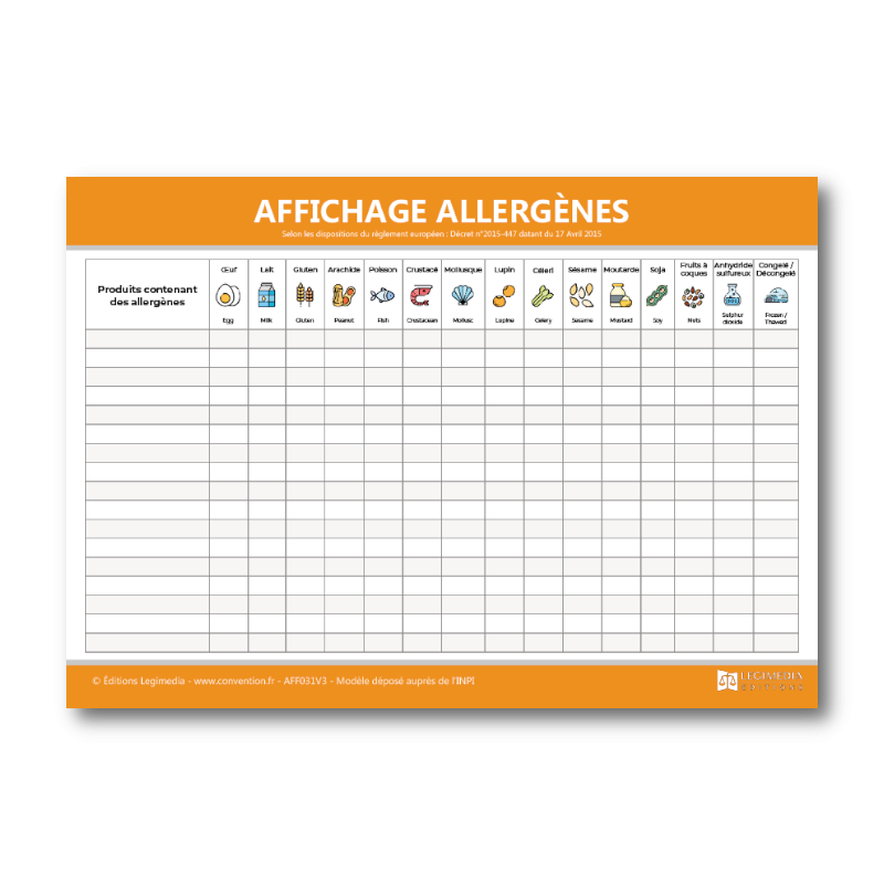 Panneau d'affichage des allergènes