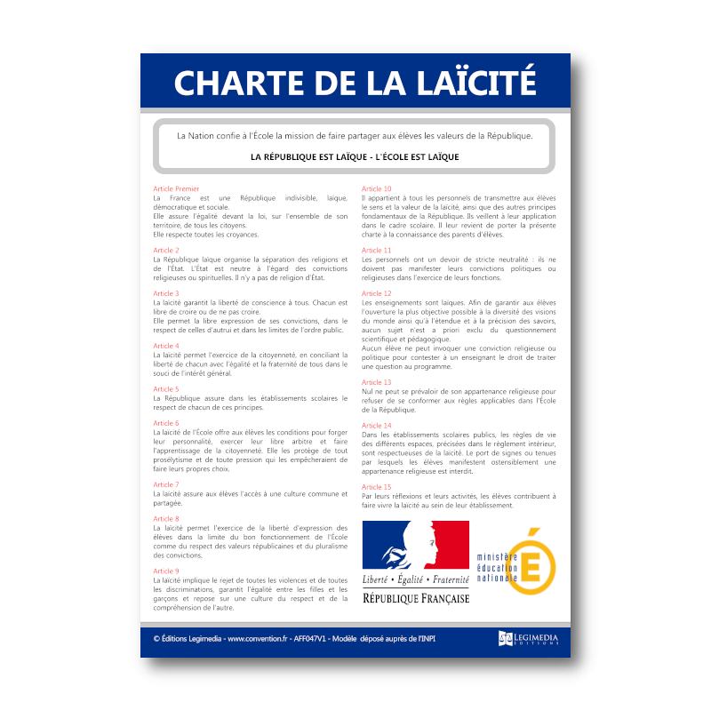 Panneau d'affichage de la Charte de la laïcité