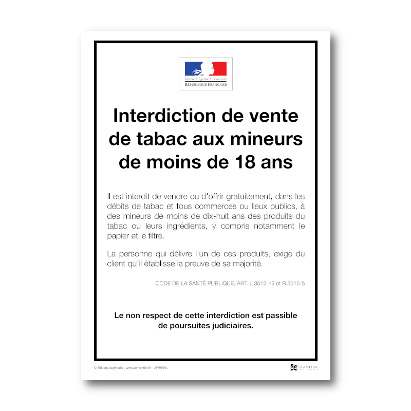 Panneau d'affichage de l'interdiction de vente de tabac aux mineurs de moins de 18 ans