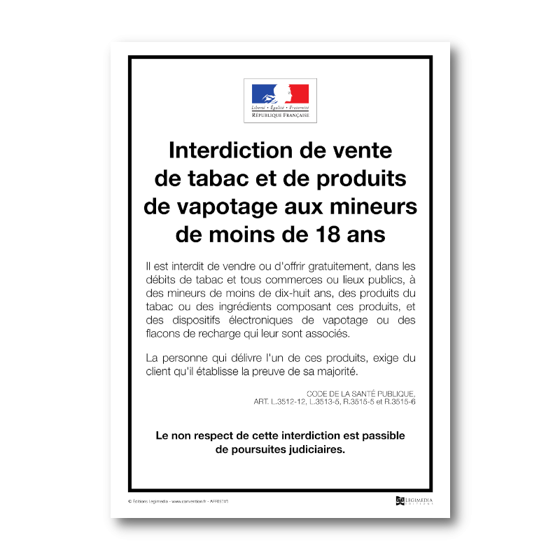 Panneau d'affichage de l'interdiction de vente de tabac et de produits de vapotage aux mineurs de moins de 18 ans