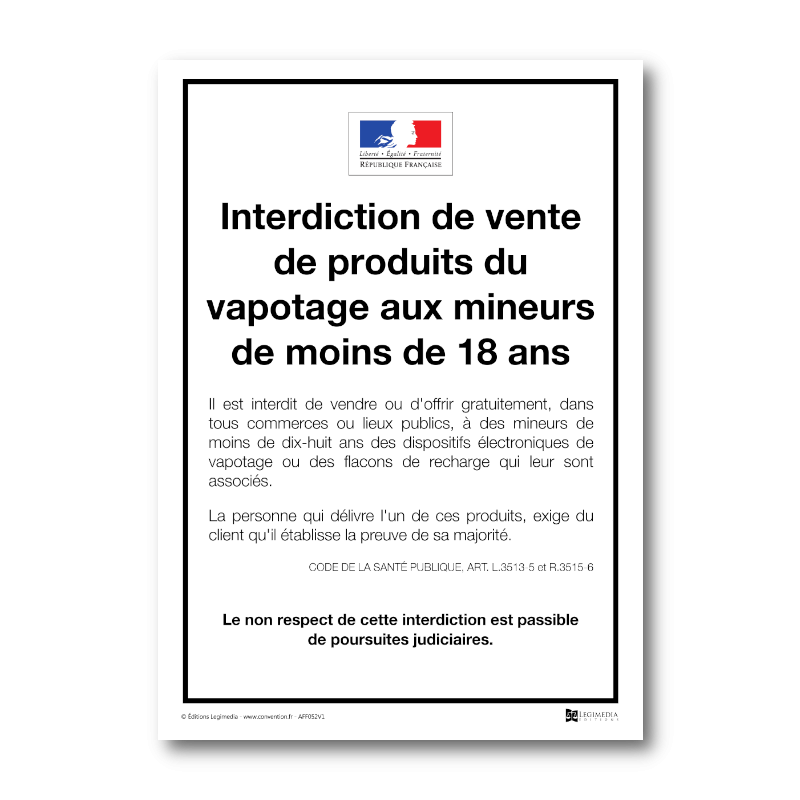 Panneau d'affichage de l'interdiction de vente de produits du vapotage aux mineurs de moins de 18 ans