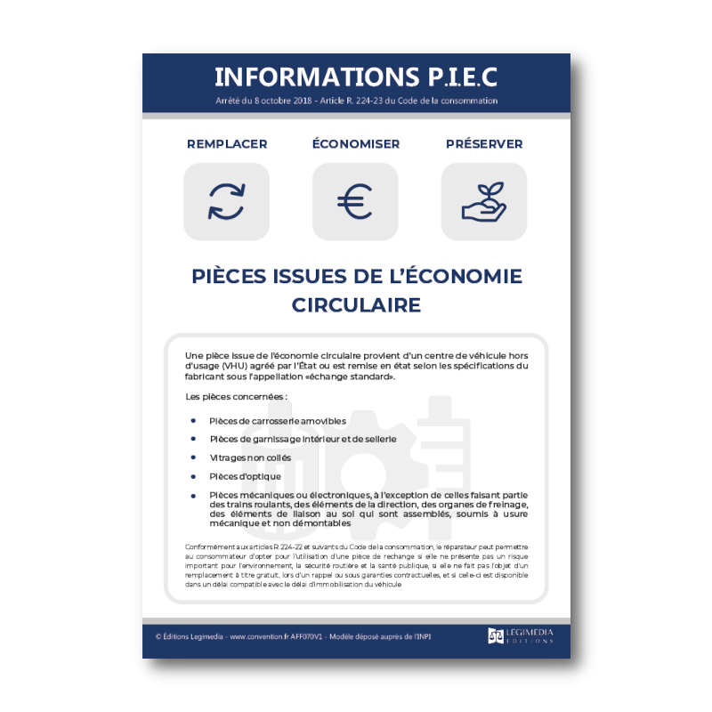 Affichage des informations des P.I.E.C. (Pièces Issues de l'Économie Circulaire) 